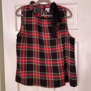 J Crew tartan bow tie w/ ruffle neck blouse